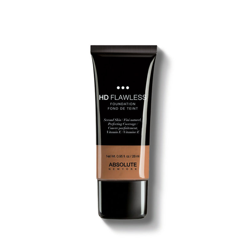 ABSOLUTE NEW YORK HD flawless foundation tube in medium tan shade on white background for even coverage