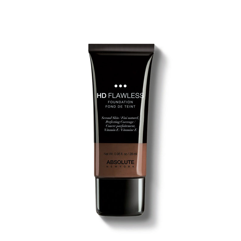 ABSOLUTE NEW YORK HD flawless foundation tube in deep brown shade providing natural medium to full coverage