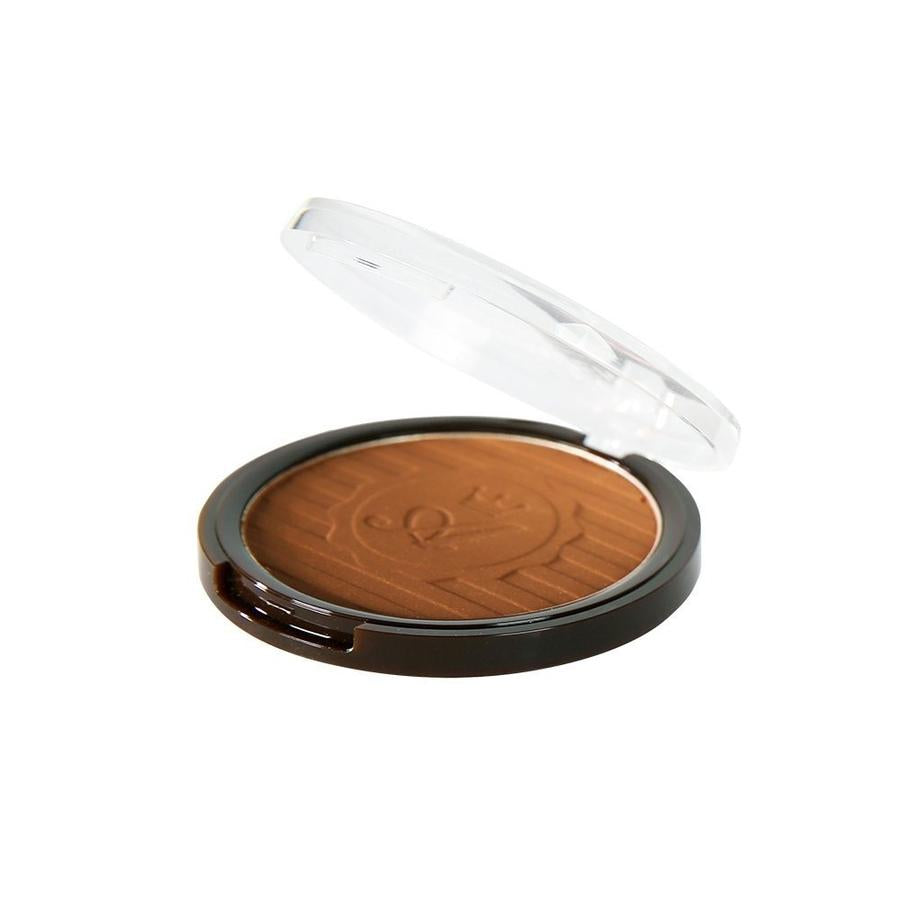 ABSOLUTE NEW YORK compact pro bronzer for glowing skin in warm brown shade with clear lid and embossed powder design