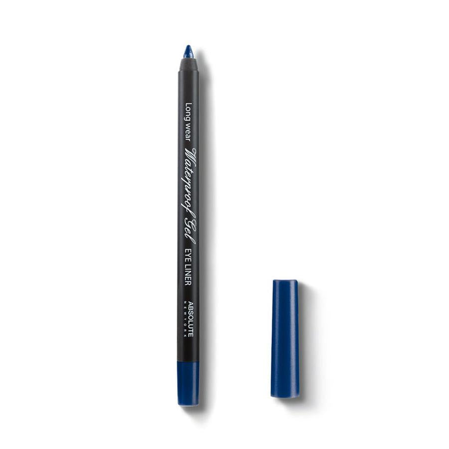 Absolute New York waterproof gel eyeliner pencil in navy blue with cap removed on white background
