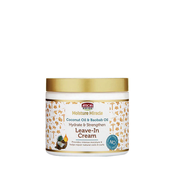 Moisture Miracle jar with gold lid coconut and baobab oil hydrate and strengthen for coils and curls African Pride leave-in cream