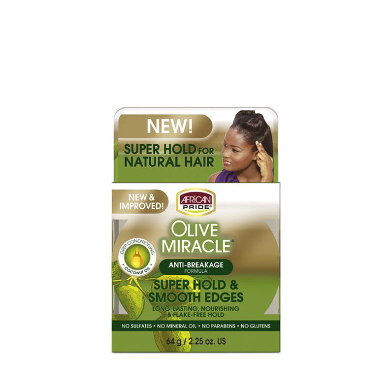 African Pride Olive Miracle edge control packaging showing super hold and smooth edges for natural hair