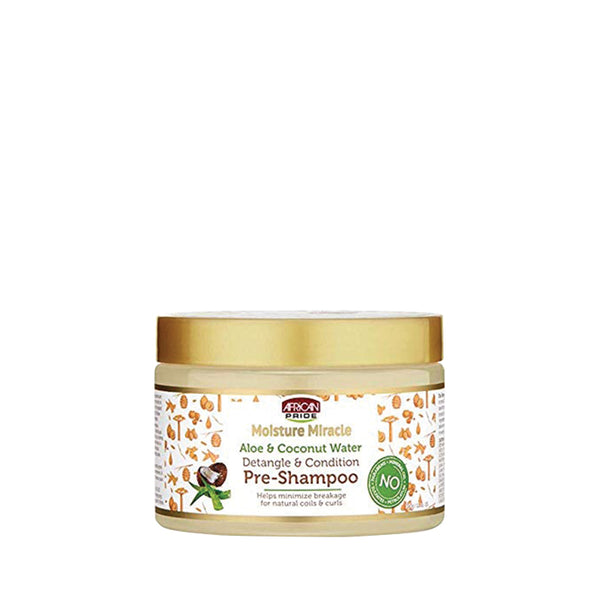 African Pride pre-shampoo Moisture Miracle with Aloe and Coconut Water for detangling and conditioning hair