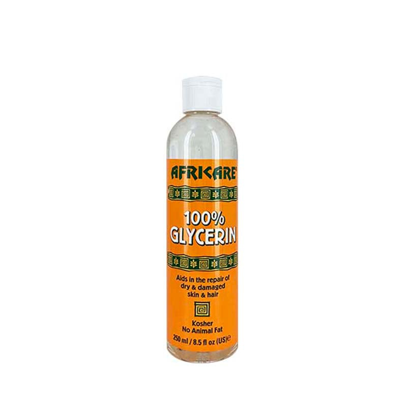 Africare 100% glycerin for hair and skin. Clear bottle with orange label and white cap for moisturizing dry skin and hair