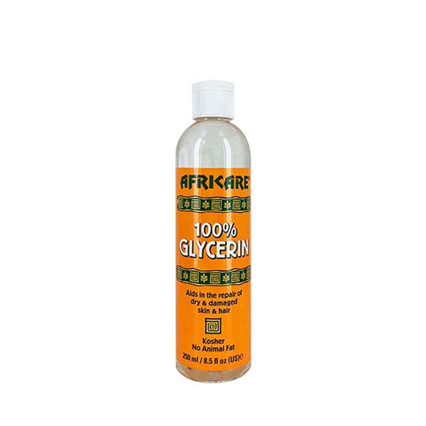 Africare 100% glycerin for hair and skin. Clear bottle with orange label and white cap for moisturizing dry skin and hair