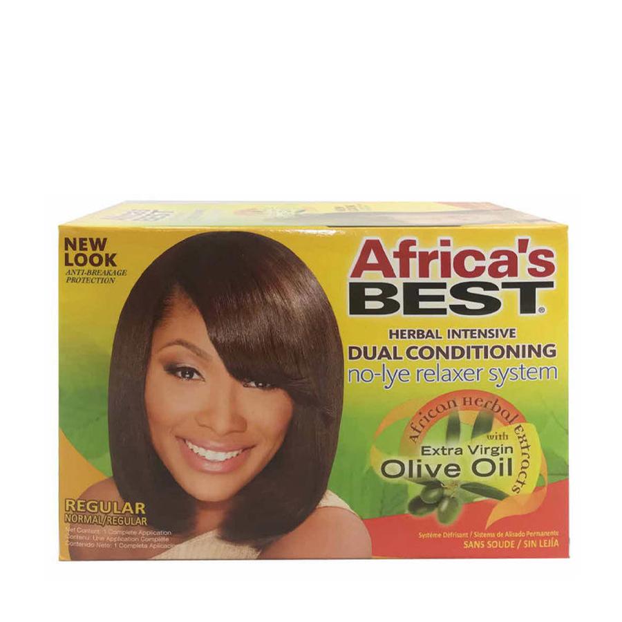 Africas Best box with smiling model and olive oil dual conditioning herbal no-lye relaxer system