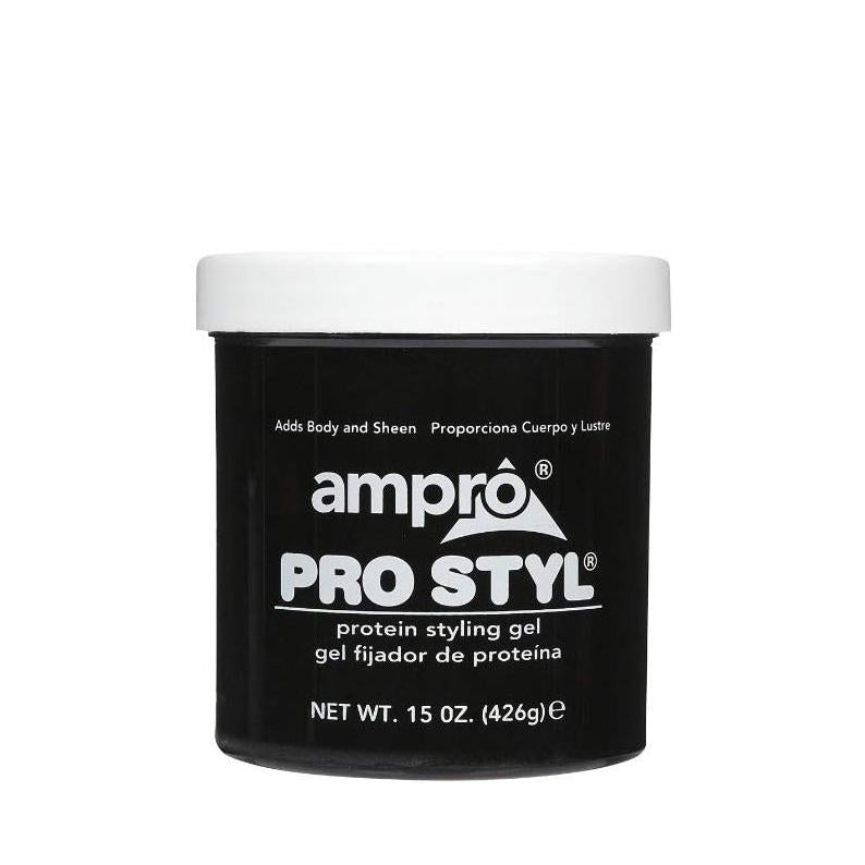 Ampro Pro Styl protein styling gel black 15 oz jar with white lid for adding body and shine to hair