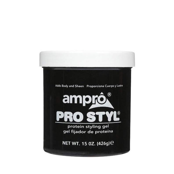 Ampro Pro Styl protein styling gel black 15 oz jar with white lid for adding body and shine to hair