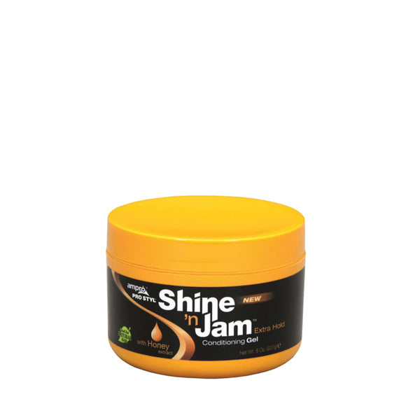 AMPRO Shine N Jam extra hold gel conditioning jar with yellow lid and honey label for sleek styling