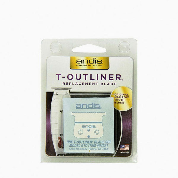 Andis T-Outliner replacement blade packaged with original shallow tooth blade for grooming tools