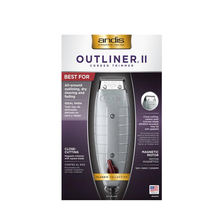 Andis Outliner II trimmer with close-cutting carbon steel blade and magnetic motor in packaging