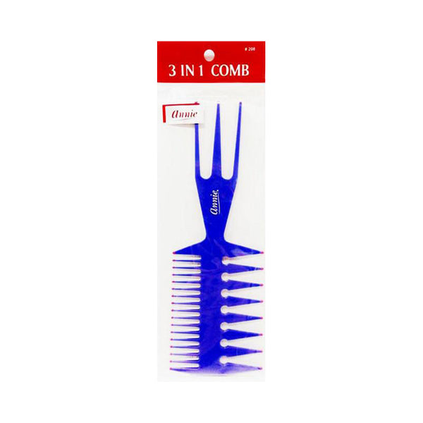 ANNIE 3-in-1 large hair comb blue plastic wide tooth detangler with forked pick and styling tail
