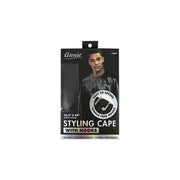 ANNIE black cutting cape with stretchable hooks packaging showing model wearing satin styling cape
