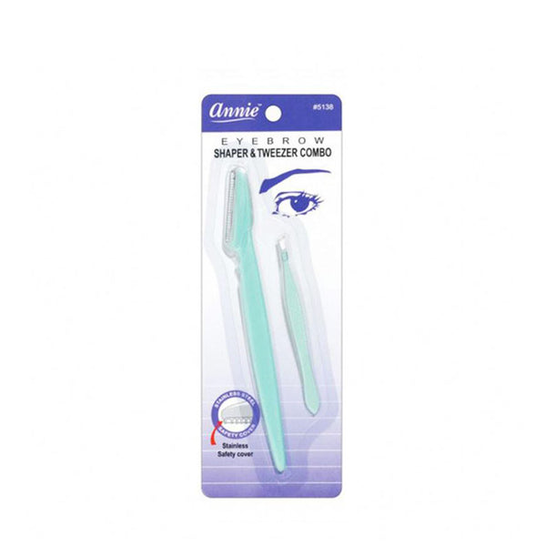 Annie eyebrow shaper and tweezer set in mint green with stainless steel safety cover for precise grooming