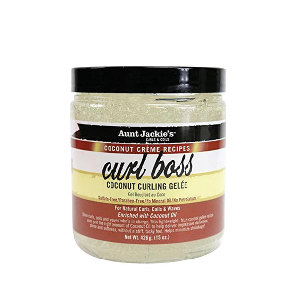 Aunt Jackies Curl Boss coconut curling gelee jar on white background coconut curling gel for natural hair