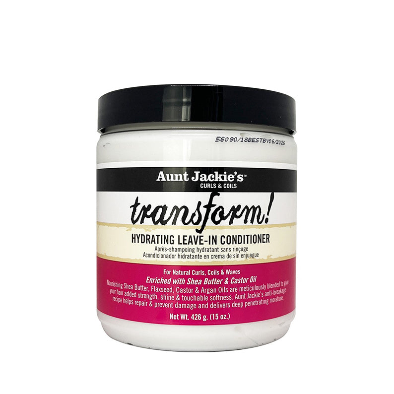 Aunt Jackies Transform 15 oz jar hydrating leave-in conditioner for natural hair. White jar with black lid