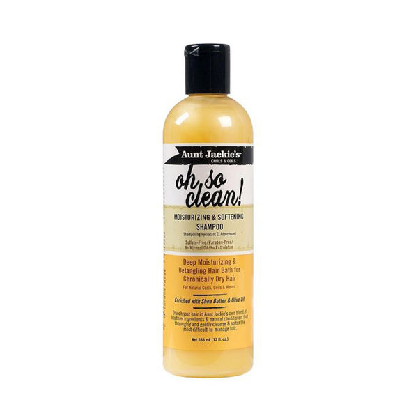 Aunt Jackie's Oh So Clean Moisturizing Shampoo for Dry Hair in a yellow bottle with a black cap