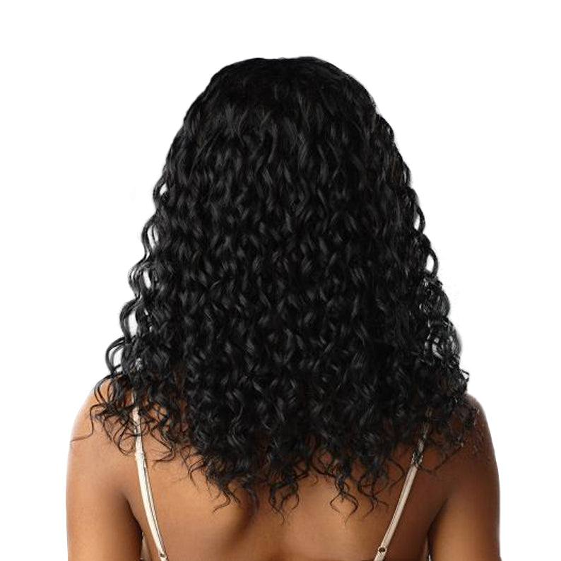 SENSATIONNEL virgin human hair lace wig shoulder length natural black curly texture back view