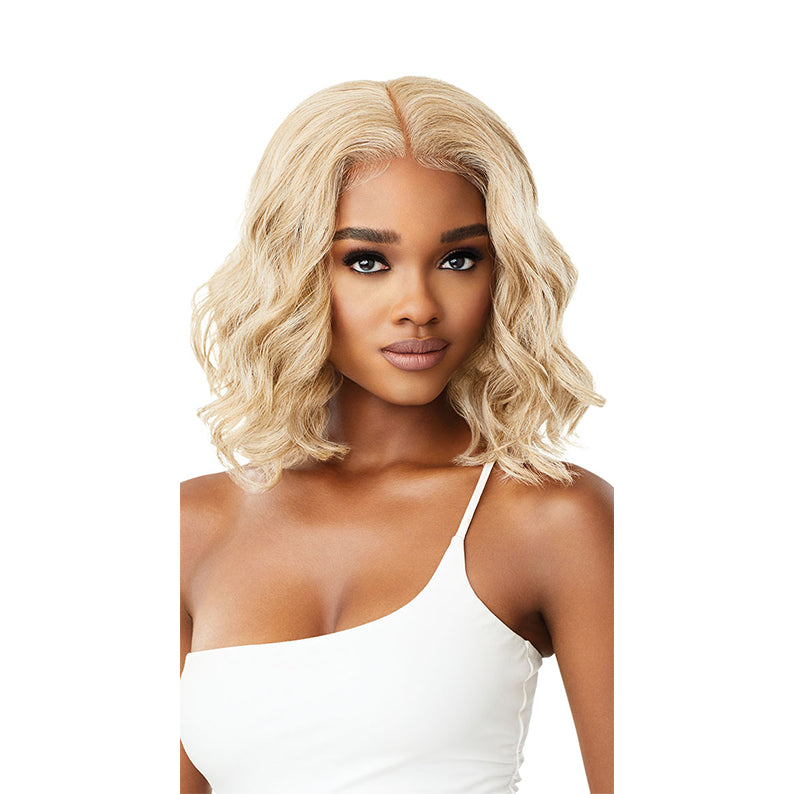 OUTRE 13x4 lace frontal wig blonde wavy shoulder length bob with middle part and natural hairline