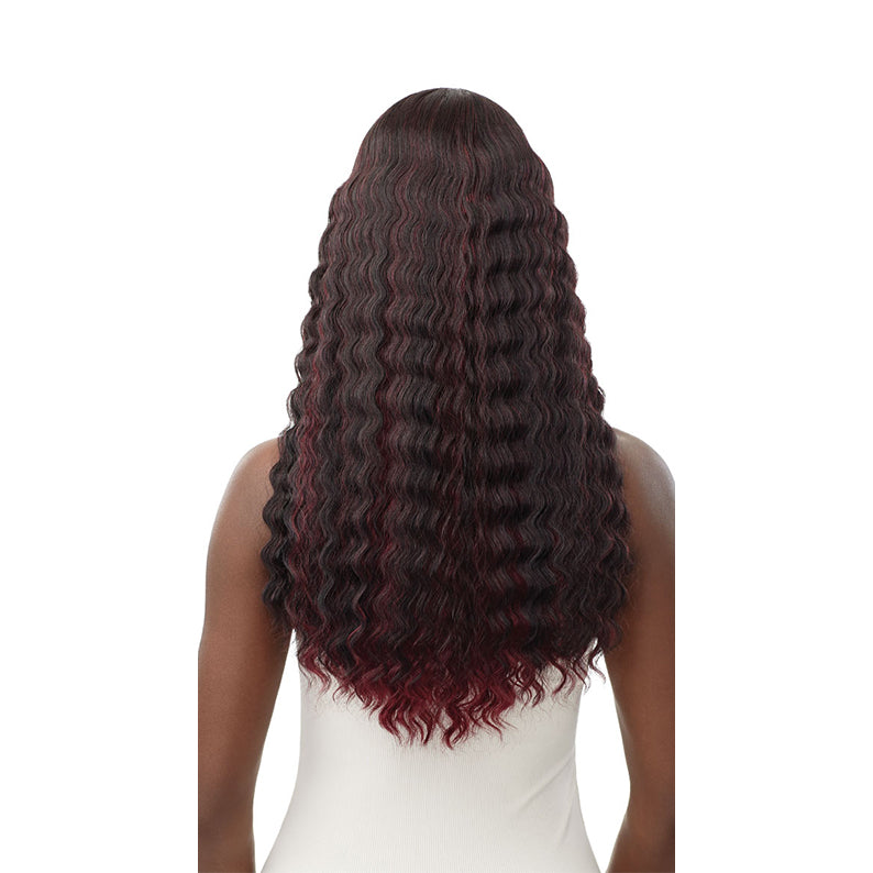 OUTRE 22 inch lace front wig deep brown wavy hair with burgundy ombre shown from back