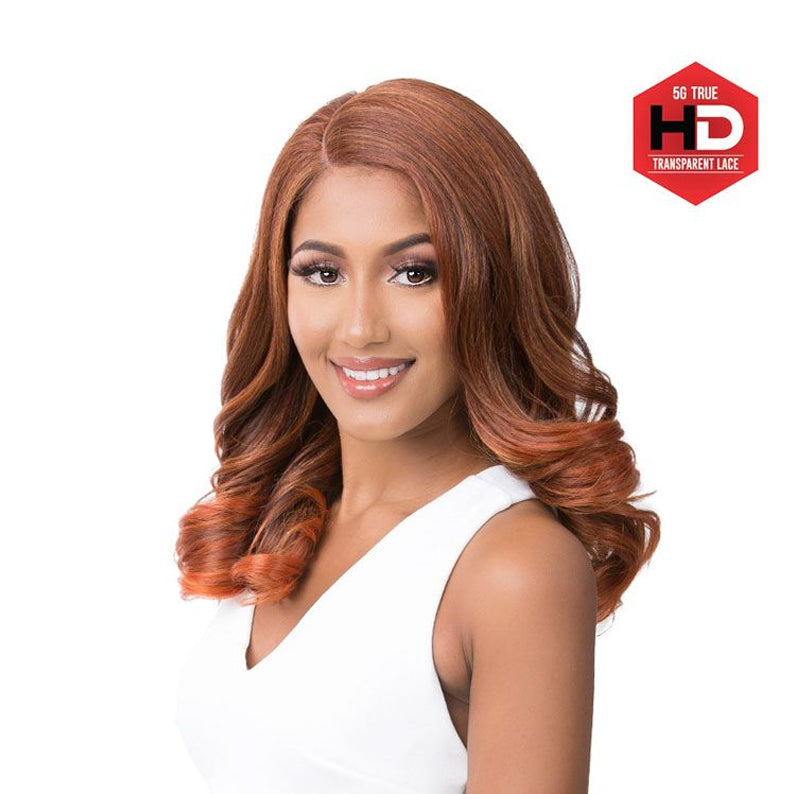 Model wearing copper shoulder length HD lace front wig Alana with natural hairline and soft waves