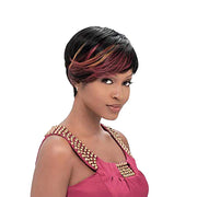 SENSATIONNEL human hair full cap wig short black pixie with red and blonde highlights and side swept bangs