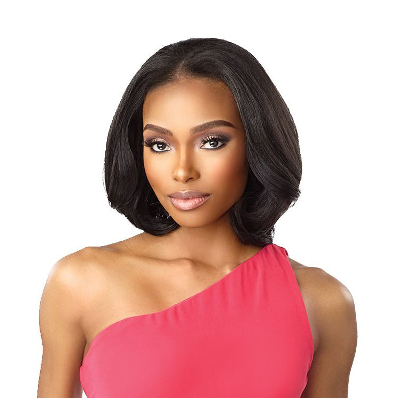 SENSATIONNEL instant weave drawstring half wig natural black sleek shoulder length bob on model