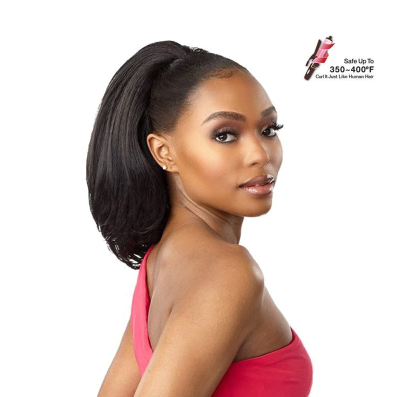 SENSATIONNEL instant weave drawstring half wig in natural black worn as a sleek mid length ponytail on model