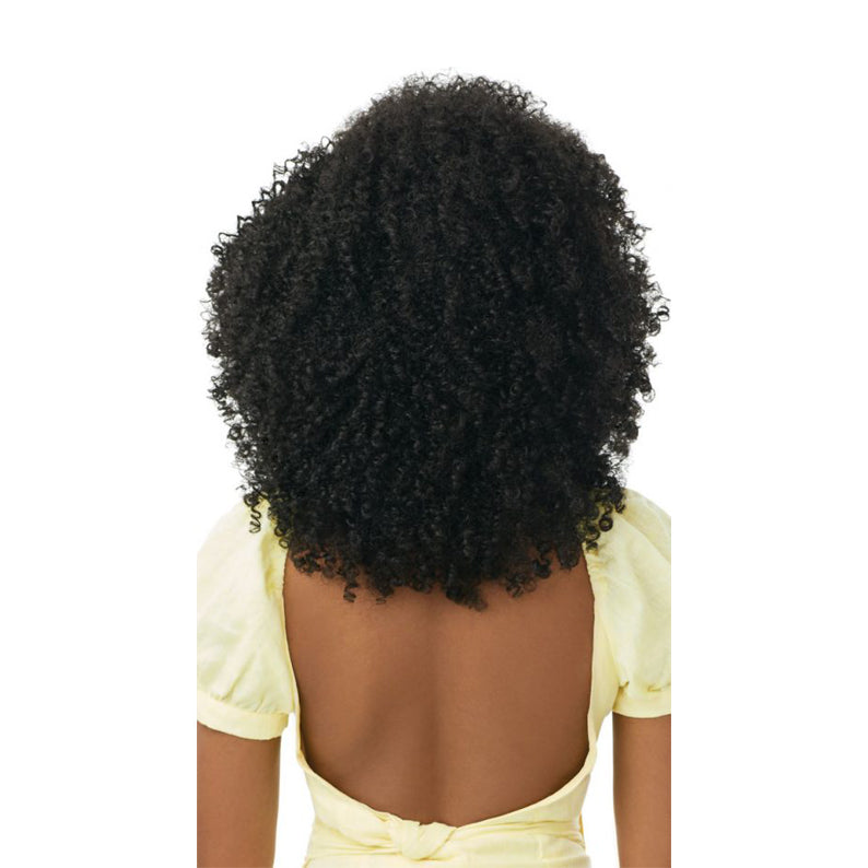 OUTRE synthetic curly half wig black shoulder length tight curls back view on model showing volume