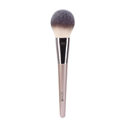 NICKA K powder brush for makeup with soft dense grey tipped bristles and pale pink ergonomic handle
