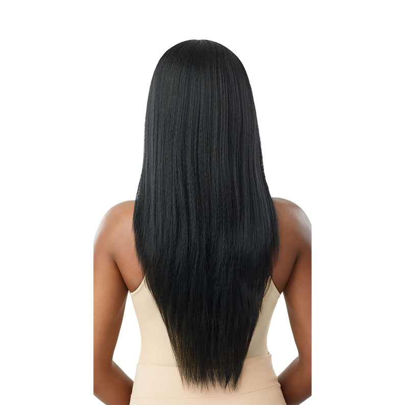 OUTRE 28 inch lace front wig straight natural black hair back view on model