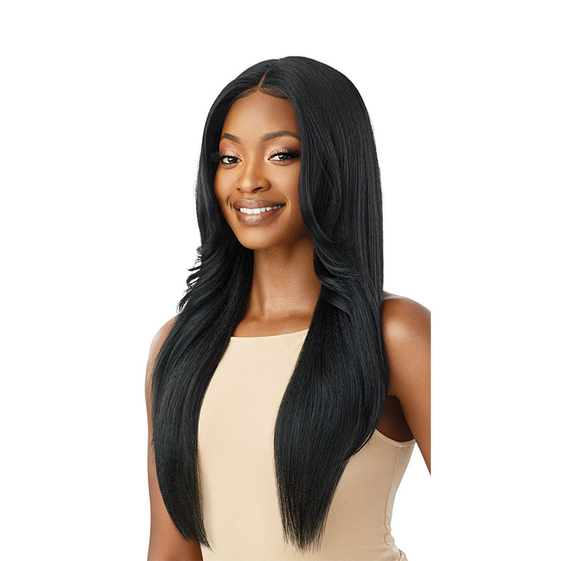 OUTRE 28 inch lace front wig straight black with center part and long layered ends on smiling model