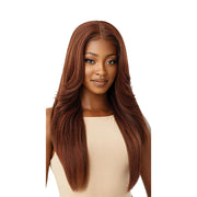 OUTRE 28 inch lace front wig long straight copper brown center part with layered ends on model