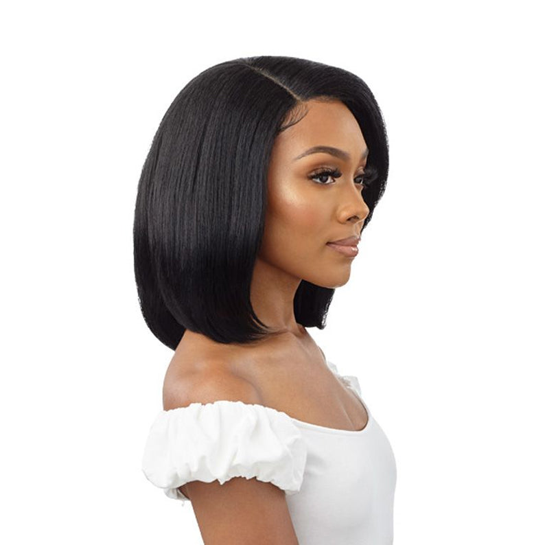 OUTRE 12 inch synthetic lace front wig sleek straight black bob with side part and natural hairline on model