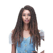 BOBBI BOSS Butterfly locs lace front wig long brown textured locs with natural hairline model in denim dress