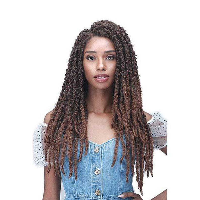 BOBBI BOSS Butterfly locs lace front wig long brown textured locs with natural hairline model in denim dress