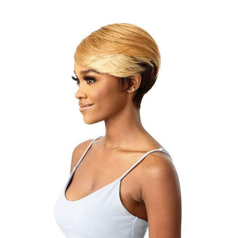 OUTRE short blonde pixie wig on model, sleek side swept layers and tapered back 100% human hair full cap wig