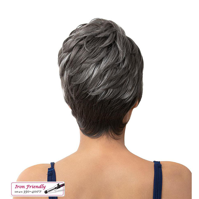 Back view short layered gray pixie wig showing nape and texture premium synthetic wig for women