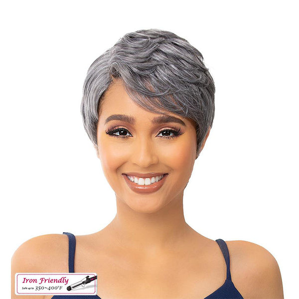 Short silver gray pixie style premium synthetic wig for women with natural looking hairline and soft layered texture