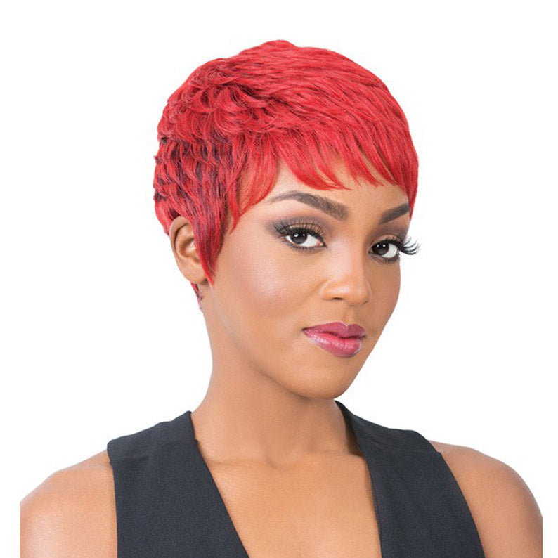 ITS A WIG red short textured pixie synthetic full cap wig on model with side swept fringe