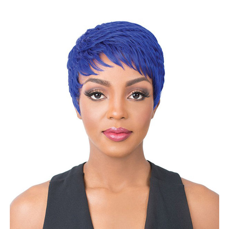 ITS A WIG short vibrant blue pixie style synthetic full cap wig on model with side swept fringe
