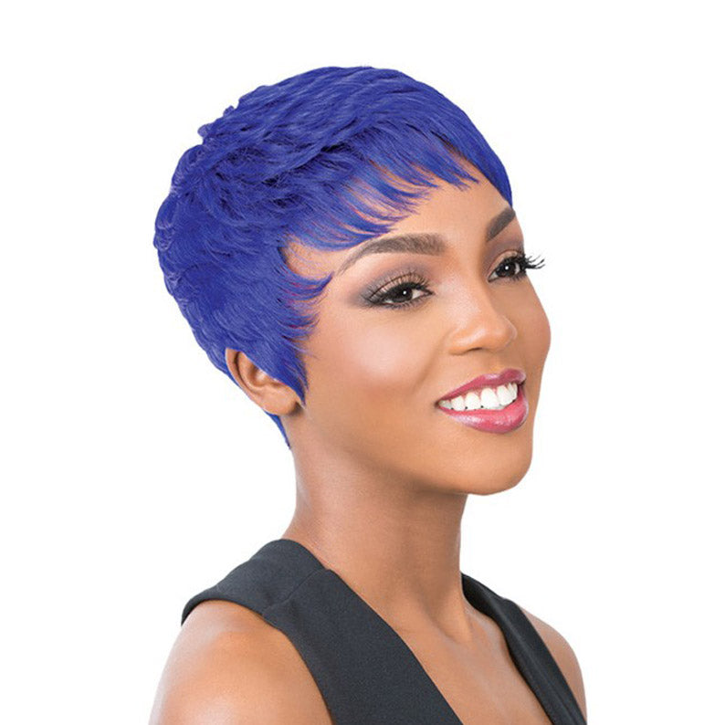 Short vibrant blue pixie hairstyle on smiling model showcasing synthetic full cap wig with textured layers and side swept fringe