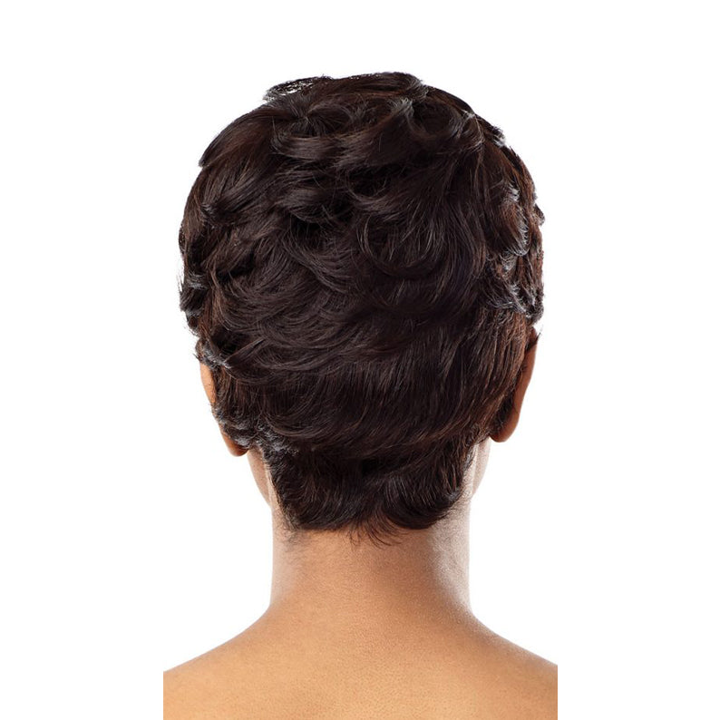 OUTRE short layered dark brown wig back view on model showcasing unprocessed human hair full cap wig with tapered nape
