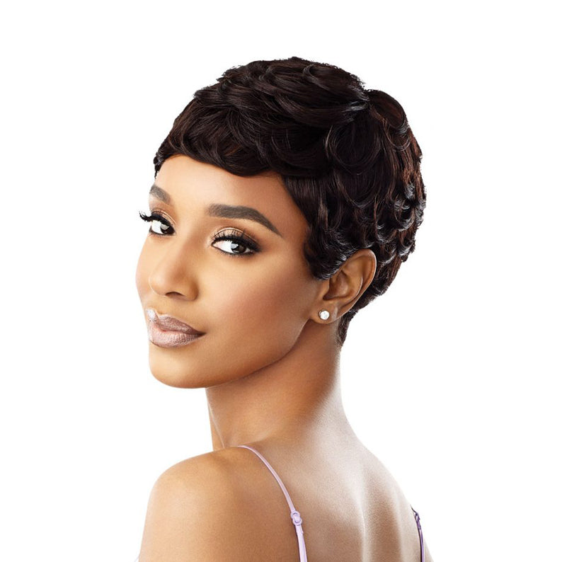 OUTRE short wavy brown pixie styled unprocessed human hair full cap wig on model with pearl earring