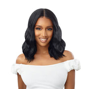 OUTRE synthetic lace front wig black wavy shoulder length bob with middle part and natural hairline on model