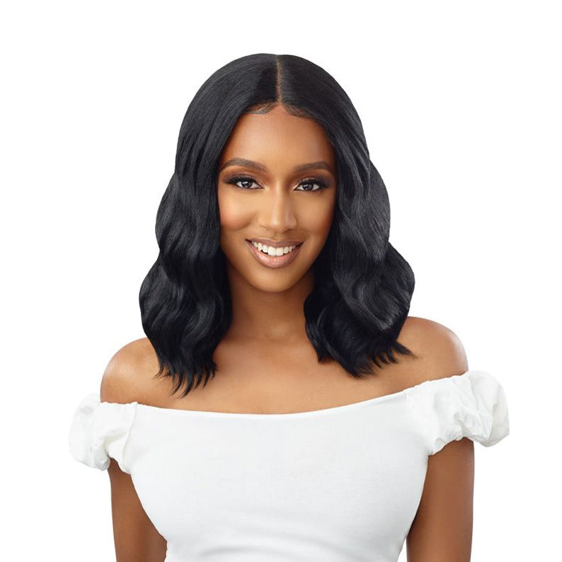 OUTRE synthetic lace front wig black wavy shoulder length bob with middle part and natural hairline on model