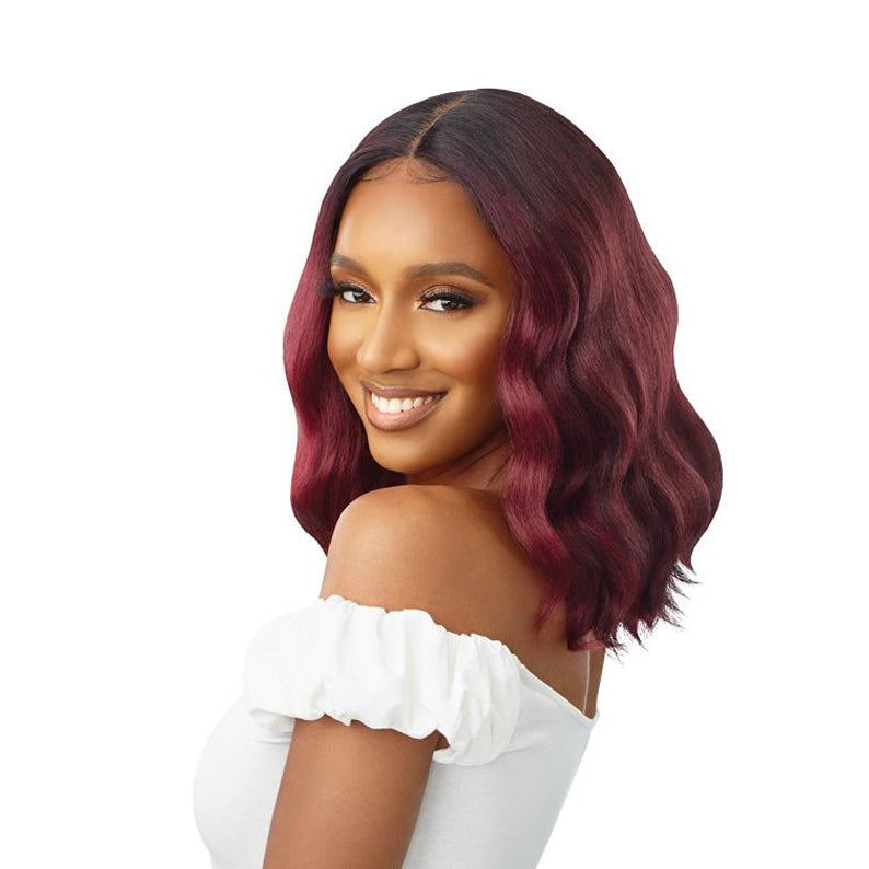 OUTRE synthetic lace front wig burgundy wavy shoulder length bob with middle part on model