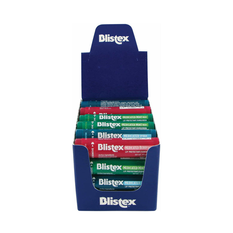 Blistex lip balm assorted flavors displayed in a blue branded countertop box with multiple tubes