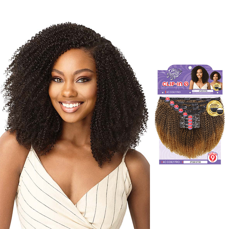 OUTRE 4C coily clip in hair extensions shown with smiling model wearing voluminous coily texture and clip ins