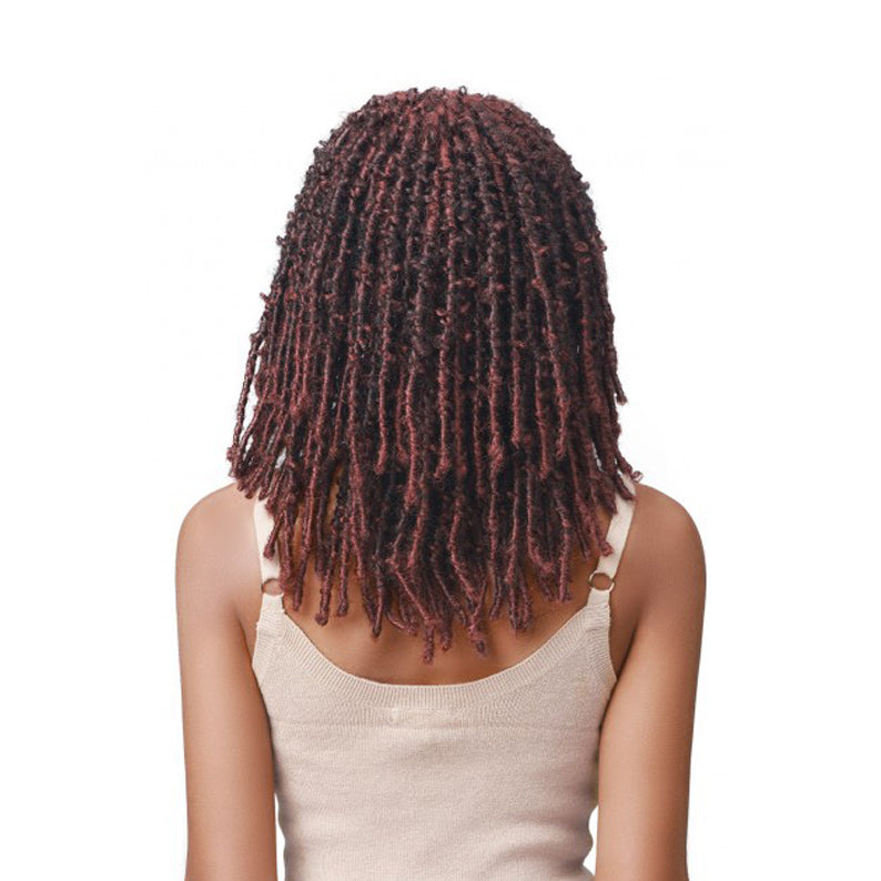 Back view of model wearing BOBBI BOSS butterfly locs wig in burgundy shoulder length textured locs